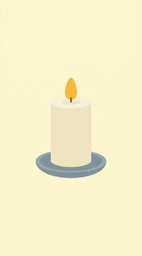 Lit white candle on a plate flat illustration