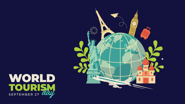 Flat vector illustration featuring iconic global monuments and colorful travel elements for world tourism day celebration