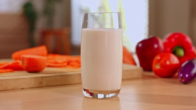 Milk glass on wooden kitchen table with carrot, apple, tomato, eggplant, fresh food, beverage, cutting board, bright healthy meal preparation scene, warm natural daylight and copy space