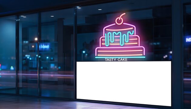 Neon Cake Sign Displaying Tasty Cake Text on Storefront Window.