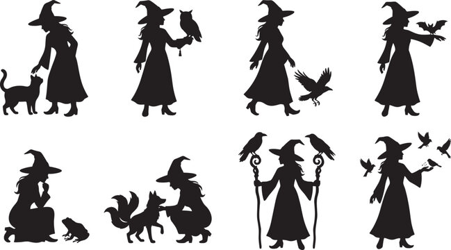 Halloween Witch Silhouette Collection with Black Cat Owl Raven and Magical Companion Vector SetHalloween Witch Silhouette Collection with Black Cat Owl Raven and Magical Companion Vector Set