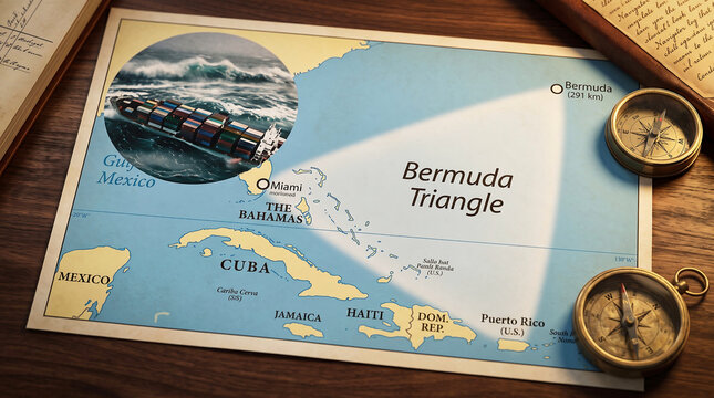 Bermuda triangle map with vintage compass and cargo ship