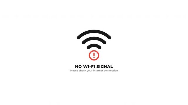 No wifi signal animation with text and alert by a red circle with a diagonal line indicating wireless network fail on white background
