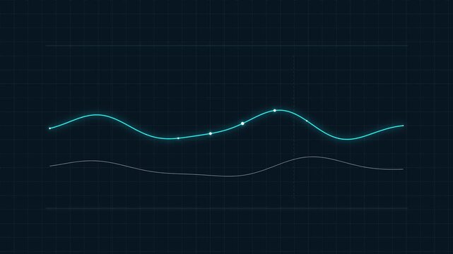 Abstract glowing wave line graph data visualization with futuristic interface HUD grid background