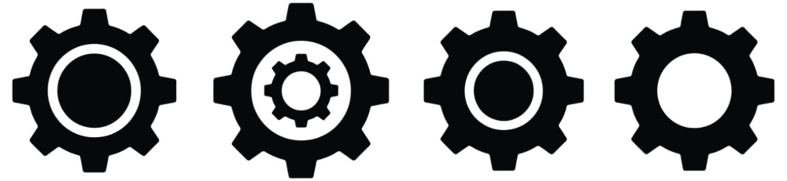Four black gear icons in a row with varying inner designs, featuring solid circles and smaller gears for mechanical concepts