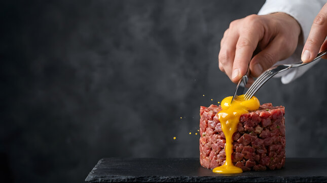 Chef Cutting Raw Egg Yolk Bursting And Dripping Over Fresh Beef Steak Tartare On Slate Board