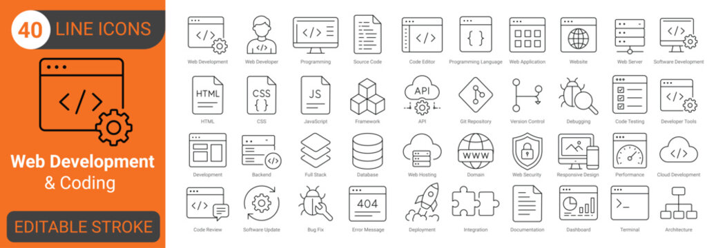 Web development and coding line icon set with programming, source code, html, css, javascript, api, database, backend, debugging, testing. Editable stroke.