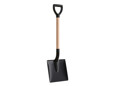Black metal shovel with wooden handle isolated on white background for gardening work.