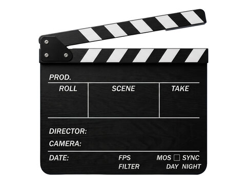 Classic black movie clapperboard sits open against a solid black background. Movie clapperboard displays white text for scene and take details for filmmaking and professional cinema production.