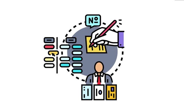 Hand writing a number on a card, indicating a selection or reordering process within a business operation, with a person managing a structured workflow diagram