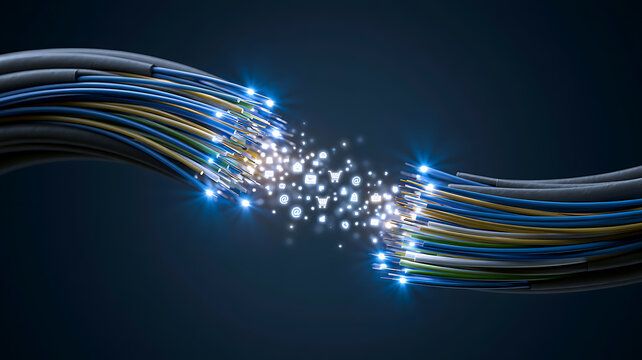 Fiber optic cables transmitting data with glowing icons on dark background