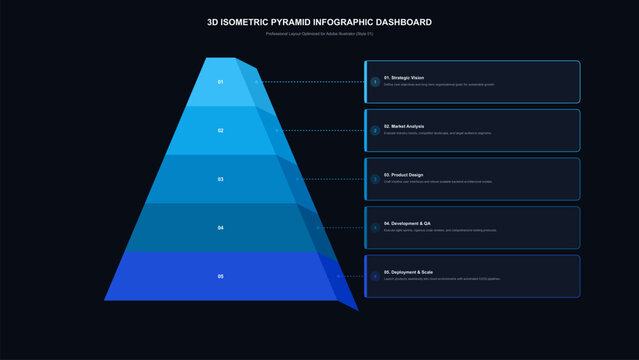 Blue geometric pyramid infographic example. Business presentation dashboard for PowerPoint and Keynote. 5 layered step chart template.