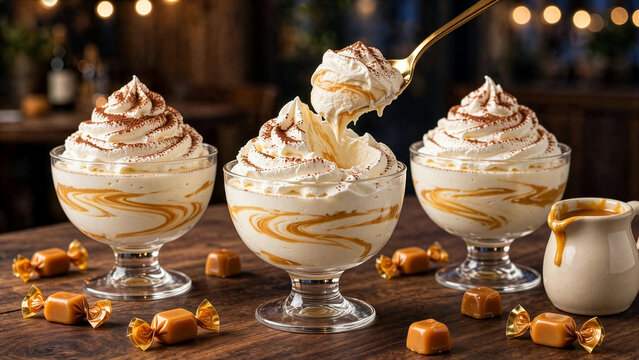 Delicious caramel mousse dessert served in glass bowls, topped with whipped cream, cocoa powder, and golden swirls, surrounded by wrapped toffee candies.