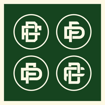 Set of four vintage monogram logos featuring letter combinations on a dark green background.