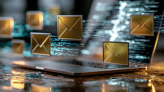 3d illustration of email icons floating out of a laptop surrounded by digital code