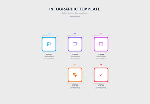 Infographic Template, Linear Icons, Modern Vector Steps, 5 Elements, Minimalist Design, Presentation Layout, Abstract Business Graphic, Blue Purple Pink Orange
