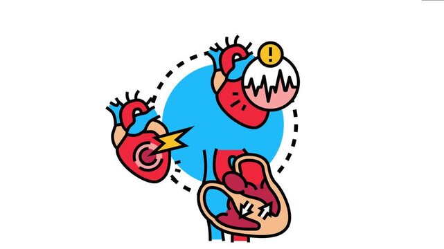 Cardiology health problem depicting various heart conditions including irregular heartbeat, chest pain, and compromised blood flow within the organ