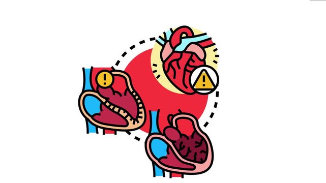 Human heart various cardiovascular health problems, with warning signs indicating issues like irregular rhythm, blockage, and other cardiac medical conditions