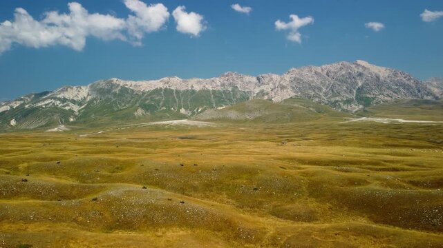 Drone mountain plateau highland golden meadow landscape, aerial shot of vast arid wilderness and rugged peaks. Cinematic footage capturing pristine nature and summer geological terrain in a high-altit
