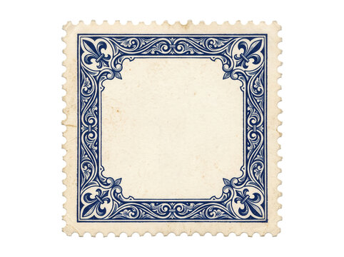 Vintage postage stamp with indigo blue filigree frame sits on a dark background. Vintage postage stamp uses fleur-de-lis motif and perforated edge for antique mail and blank label design.