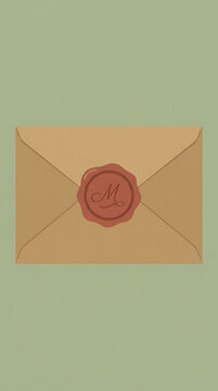 Brown kraft envelope with red wax seal on green background