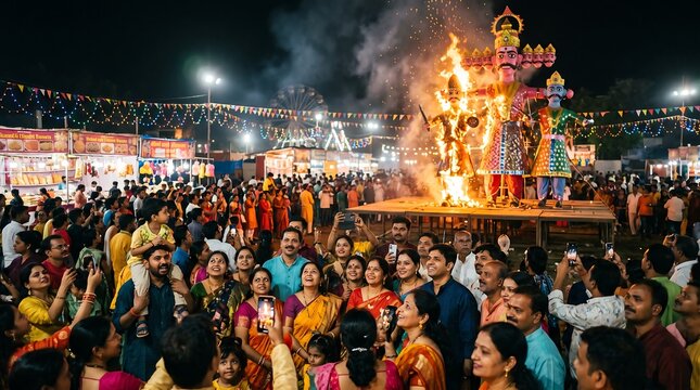 Crowd celebrating Dussehra festival with burning of Ravana effigy at night