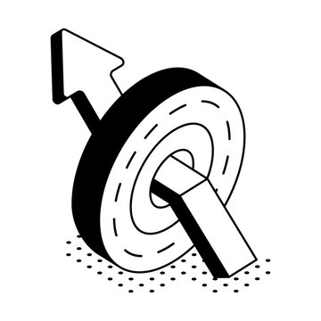 Isometric illustration of an arrow striking the center of a coin target, representing return on investment, financial performance, gains, and growth.