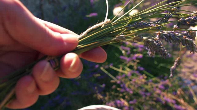 Hand holding bunch of lavender flowers close up 4k shot slow motion selective focus