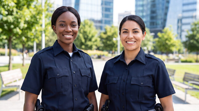 Two smiling female police officers standing together in a modern city park setting.