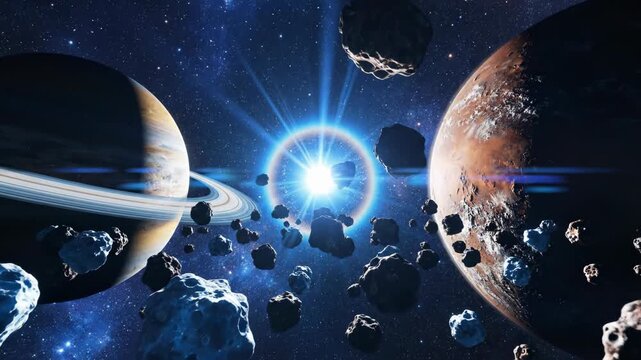 Cinematic space view of a glowing star halo surrounded by a dense asteroid field with a ringed gas giant and a rocky red planet in a deep blue nebula star field background.