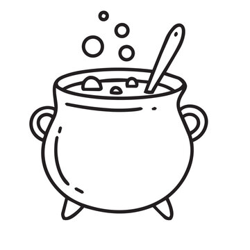 Witch cauldron with bubbling potion line art vector illustration. Flat cartoon magic pot with spoon outline icon isolated on white background