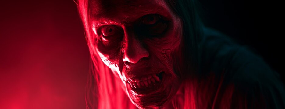Creepy skeleton figure with long hair in dark red lighting  