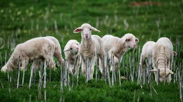 A group of cute baby lambs looking at the camera on a green field