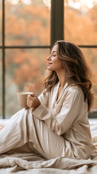 Smiling Woman in Silk Pajamas Enjoying Hot Drink in Bed with Autumn View
