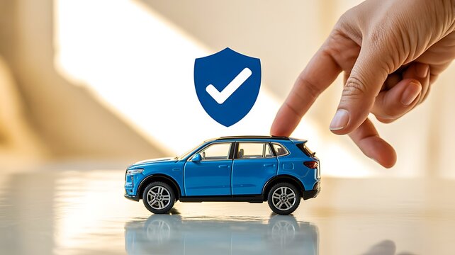 Car insurance protection concept with hand pointing to blue vehicle and digital shield