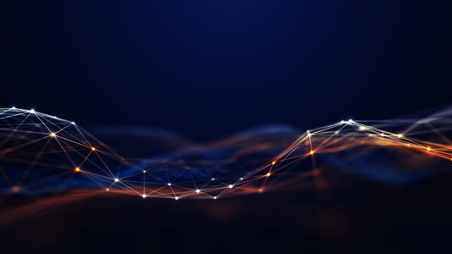 Abstract digital network wave with glowing nodes and connected lines flowing across a dark blue background, representing big data, communication, connectivity, technology and digital transformation.
