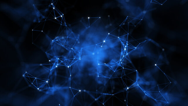 Abstract blue digital network with glowing nodes, connected lines and flowing data particles on a dark background, representing AI, big data, cybersecurity, communication and future technology.