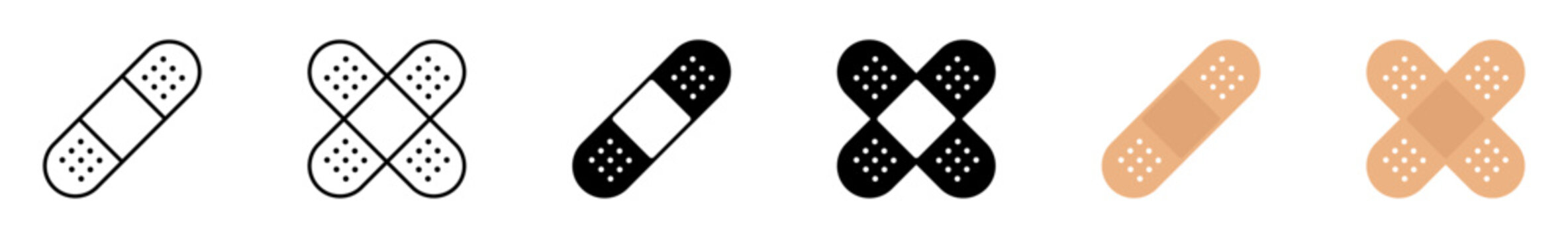 Bandage icon set for first aid, wound care, healthcare, injury, emergency care, and medical use.