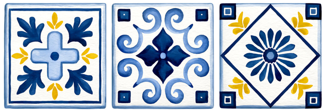 Watercolor decorative Mediterranean tiles elements set. Ornamental design for wrapping paper, textiles, postcards, stationery, borders.