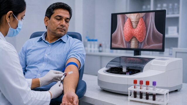 Healthcare Professional Drawing Blood for Thyroid Function Test and Diagnostic Analysis in Medical Clinic