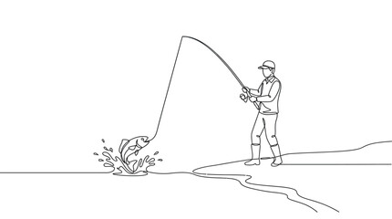 Fototapeta premium Fisherman stands on the shore holding a fishing rod to catch a jumping fish in minimalist line art.