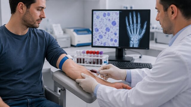 Medical Professional Performing Venipuncture on Male Patient for Blood Sample Collection in Clinic Lab