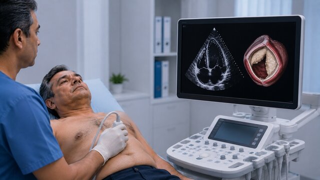 Professional Cardiologist Performing Echocardiogram on Patient with Advanced 3D Heart Imaging Diagnostic Technology