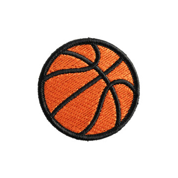 Circular embroidered basketball patch with orange thread and black stitching details isolated on a transparent background