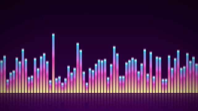 A digital audio equalizer displays pulsing sound waves with vibrant retro neon colors, offering a dynamic background for music and technology concepts.