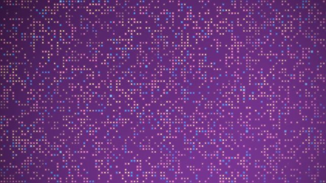 A vibrant abstract background features a mosaic of randomly scattered small colorful pixels against a purple gradient, perfect for technology and data concepts.