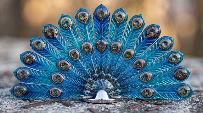 Blue glass peacock feather arrangement displays intricate swirling patterns
