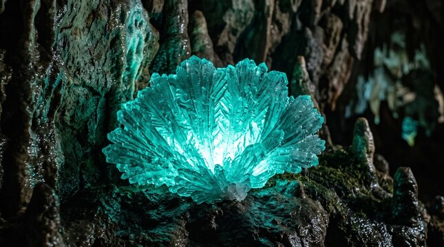 Fan shaped crystal formation glows teal within a dark cave setting