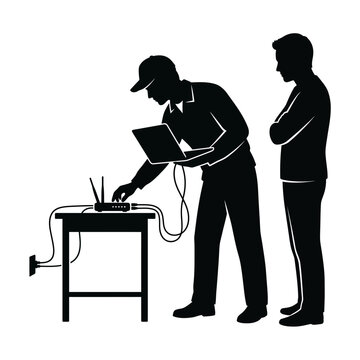 IT technician troubleshooting a wireless router with a laptop, while a male client observes the network setup process and connectivity issues.
