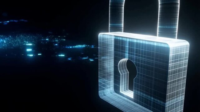 A glowing digital wireframe padlock floats against a dark background with streaming blue data particles, representing robust cybersecurity and data protection.